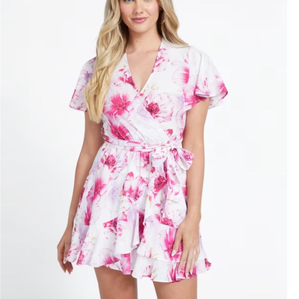 Guess Floral Short Dress in Pink and White